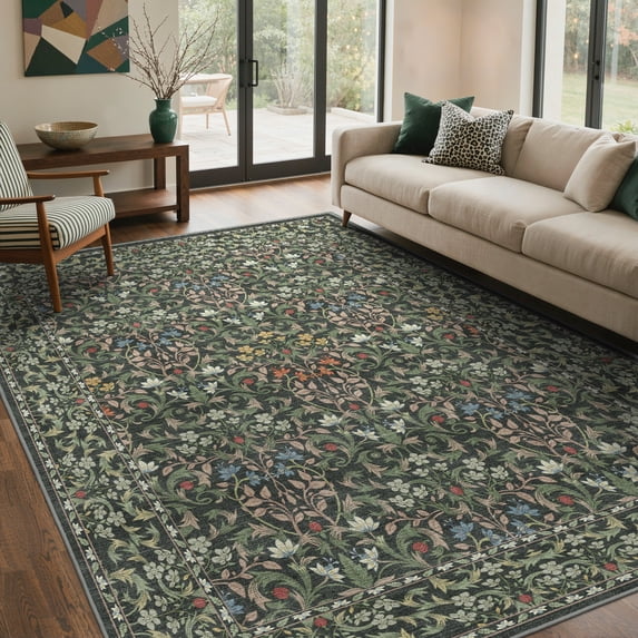 KUETH 8x10 Vintage Floral Area Rugs Machine Washable Rugs for Living Room, Non Slip Flat Pile Rug with Rubber Backing, Boho Rug for Entryway Bedroom Dining Room Home Office