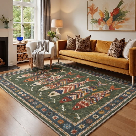 KUETH 8x10 Washable Area Rug, Non Slip Flat Pile Fish Pattern Rug for Living Room Bedroom Dining Room, Pet Friendly