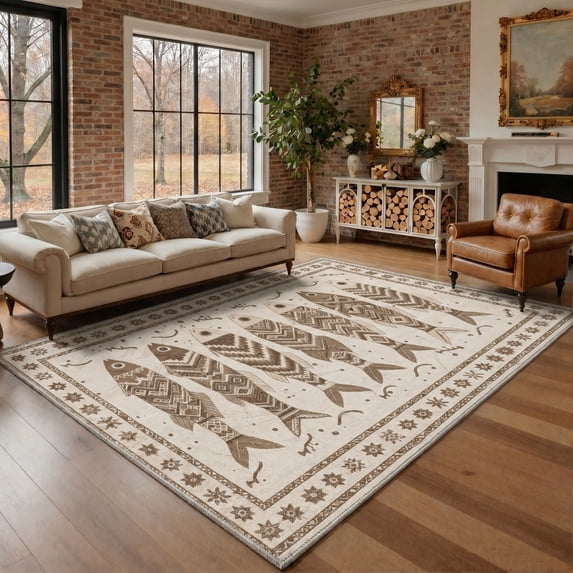 KUETH 8x10 Washable Area Rug, Non Slip Flat Pile Fish Pattern Rug for Living Room Bedroom Dining Room, Pet Friendly