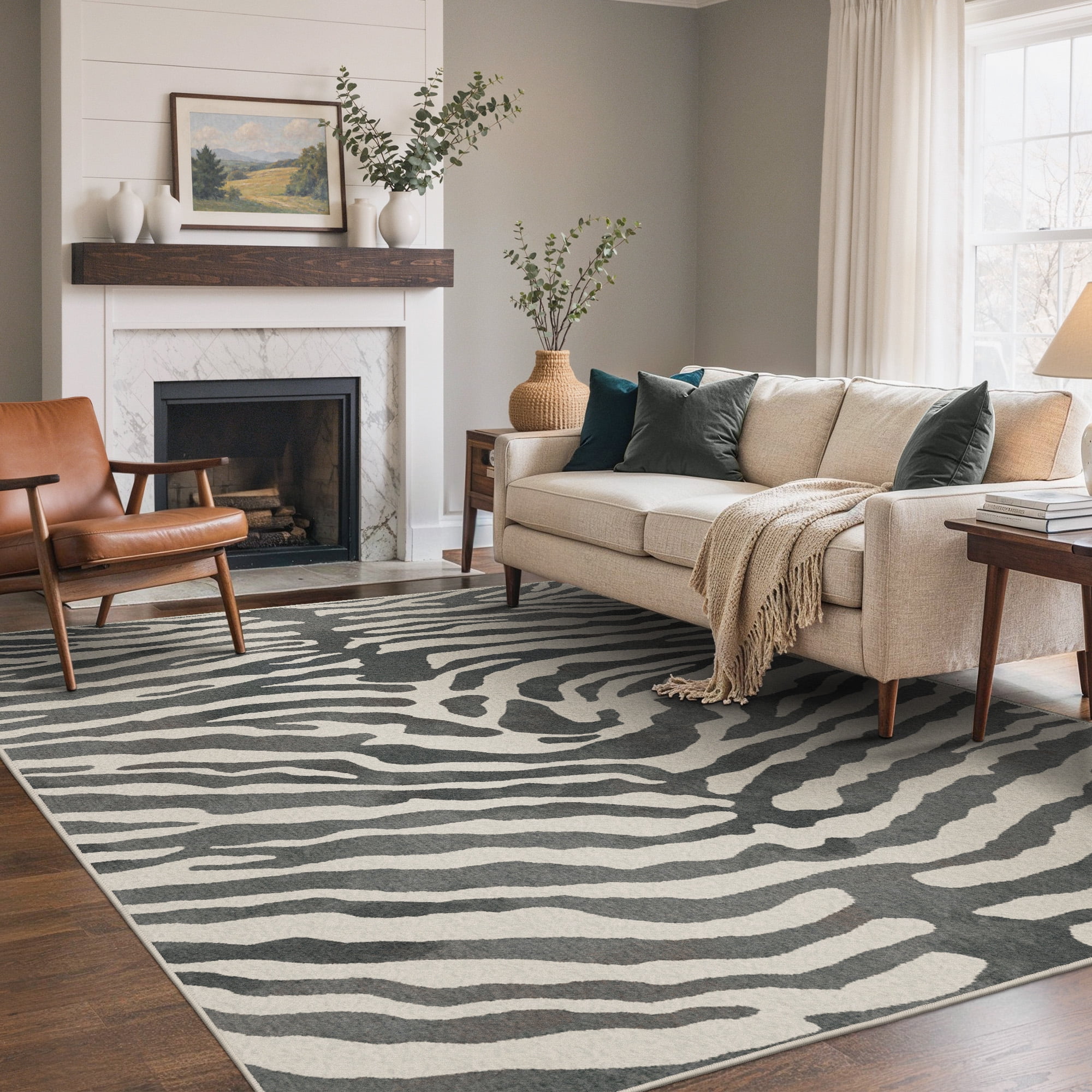 KUETH 8x10 Zebra Area Rugs Machine Washable Rugs for Living Room, Non Slip Flat Pile Rug with Rubber Backing, Modern Rug for Entryway Bedroom Dining Room Home Office