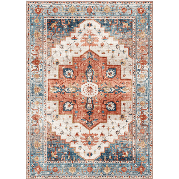 KUETH 9'X12' Vintage Area Rugs Machine Washable Rugs for Living Room, Non Slip Flat Pile Rug with Rubber Backing, Boho Rug for Entryway Bedroom Dining Room Home Office