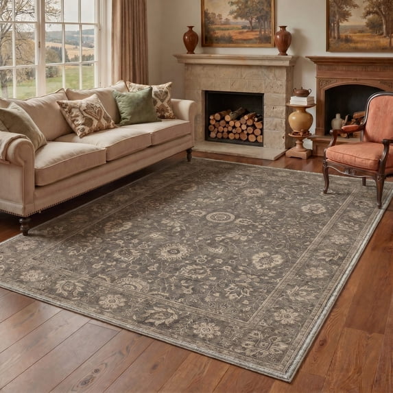 KUETH 9'X12' Vintage Area Rugs Machine Washable Rugs for Living Room, Non Slip Flat Pile Rug with Rubber Backing, Boho Rug for Entryway Bedroom Dining Room Home Office