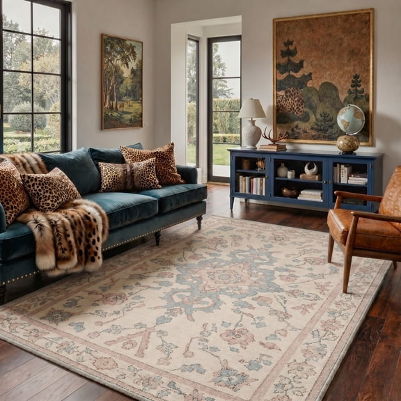 KUETH 9'X12' Vintage Area Rugs Machine Washable Rugs for Living Room, Non Slip Flat Pile Rug with Rubber Backing, Boho Rug for Entryway Bedroom Dining Room Home Office