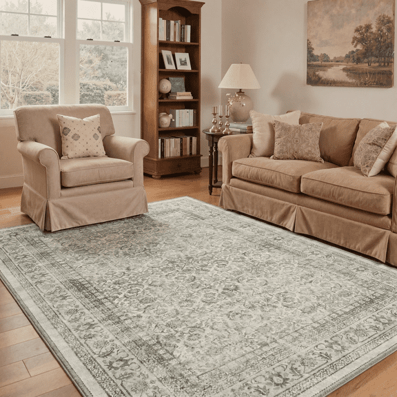 KUETH 9'X12' Vintage Area Rugs Machine Washable Rugs for Living Room, Non Slip Flat Pile Rug with Rubber Backing, Boho Rug for Entryway Bedroom Dining Room Home Office