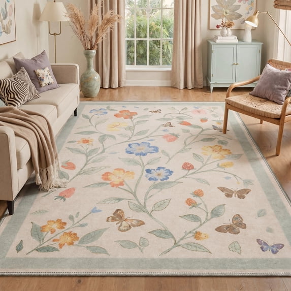 KUETH 9'X12' Vintage Floral Area Rugs Machine Washable Rugs for Living Room, Non Slip Flat Pile Rug with Rubber Backing, Boho Rug for Entryway Bedroom Dining Room Home Office
