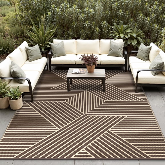 KUETH 9'x 12' Outdoor Rug Plastic Foldable Waterproof Outside Carpet UV Resistant Geometric Patio RV Deck Mat,COFFEE BEIGE