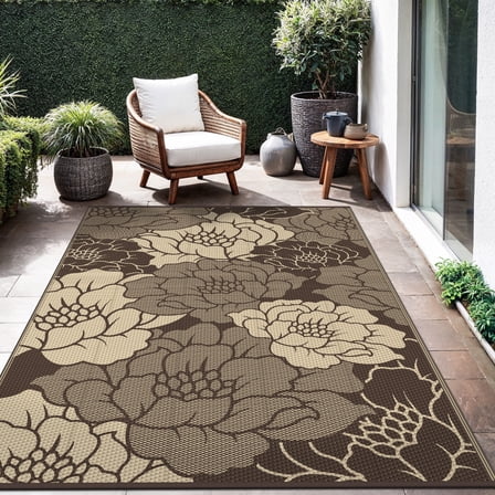KUETH 9'x 12' Outdoor Rug Plastic Waterproof Outside Foldable Flower Mat UV Resistant Patio RV Deck Carpet,COFFEE BEIGE