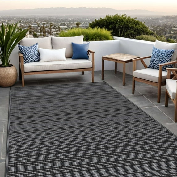 KUETH 9'x 12' Outdoor Waterproof Rug Camping Mat Patio Carpet,Black&Gray