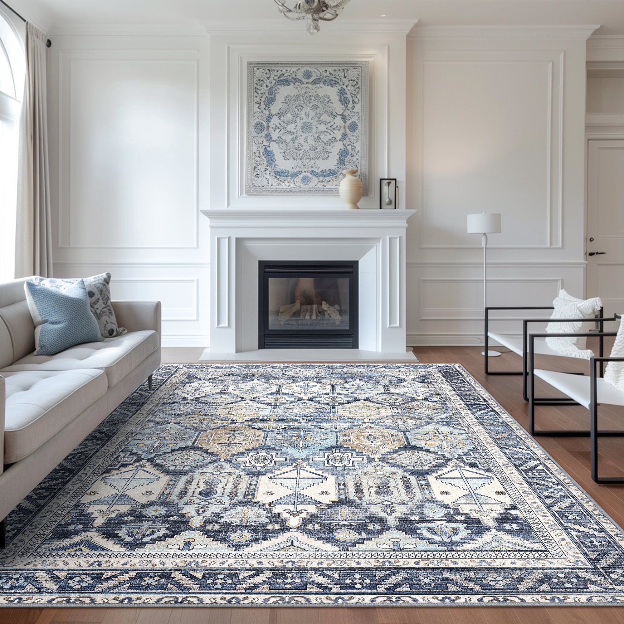 KUETH 9'x12' Area Rugs for Living Room, Ultra-thin Non Slip Machine Washable Vintage Indoor Rug, Low Pile Chenille Print Rug for Bedroom Dining Room Home Office