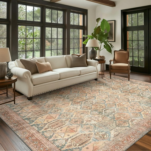 KUETH 9'x12' Area Rugs for Living Room, Ultra-thin Non Slip Machine Washable Vintage Indoor Rug, Low Pile Chenille Print Rug for Bedroom Dining Room Home Office