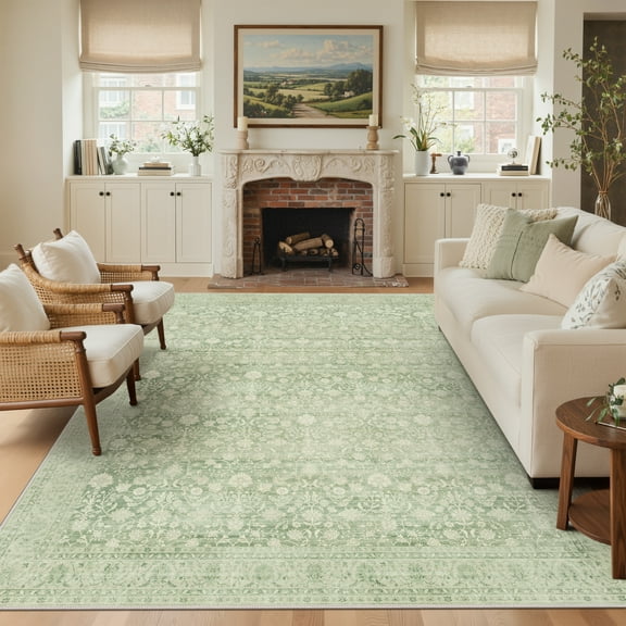 KUETH 9'x12' Area Rugs for Living Room, Non Slip Machine Washable Vintage Indoor Rug, Low Pile Chenille Print Rug for Bedroom Dining Room Home Office