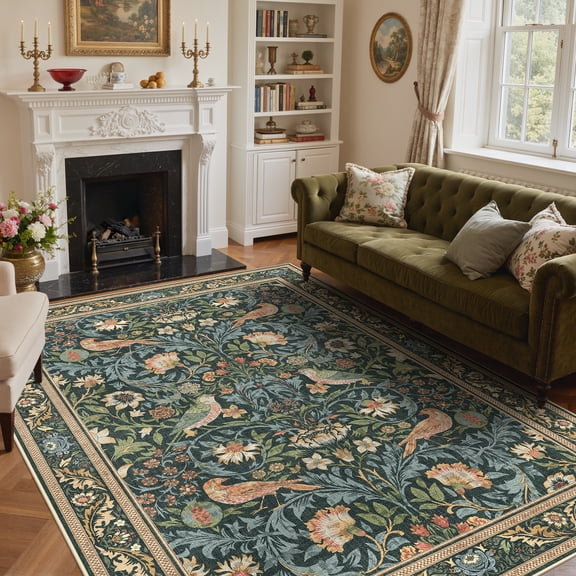 KUETH 9'x12' Vintage Floral Area Rugs for Living Room, Non Slip Machine Washable Forest Bird Rug, Low Pile Print Rug for Bedroom Dining Room Home Office