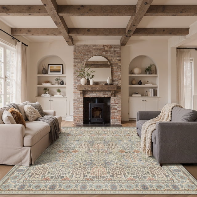 KUETH 9X12 Vintage Area Rugs Machine Washable Rugs for Living Room, Non Slip Flat Pile Rug with Rubber Backing, Boho Rug for Entryway Bedroom Dining Room Home Office