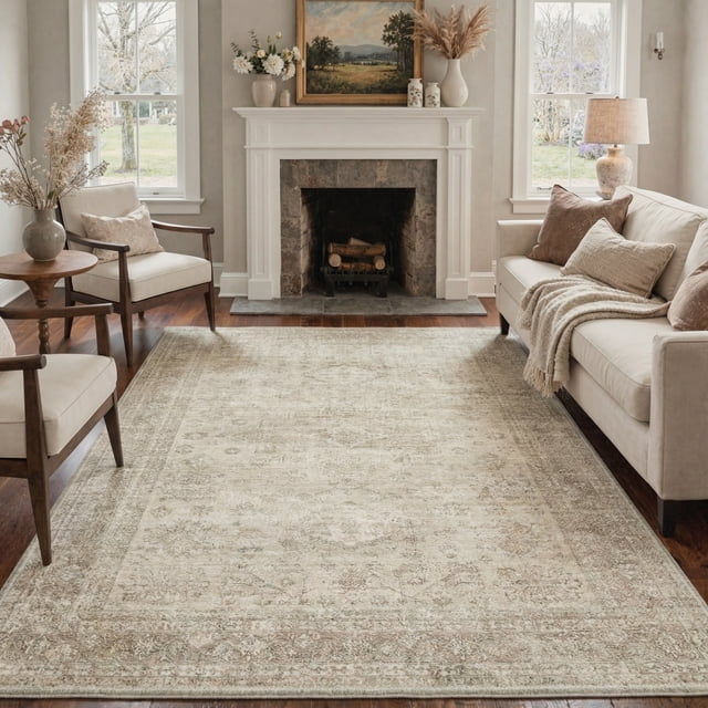 KUETH 9X12 Vintage Area Rugs Machine Washable Rugs for Living Room, Non Slip Flat Pile Rug with Rubber Backing, Boho Rug for Entryway Bedroom Dining Room Home Office