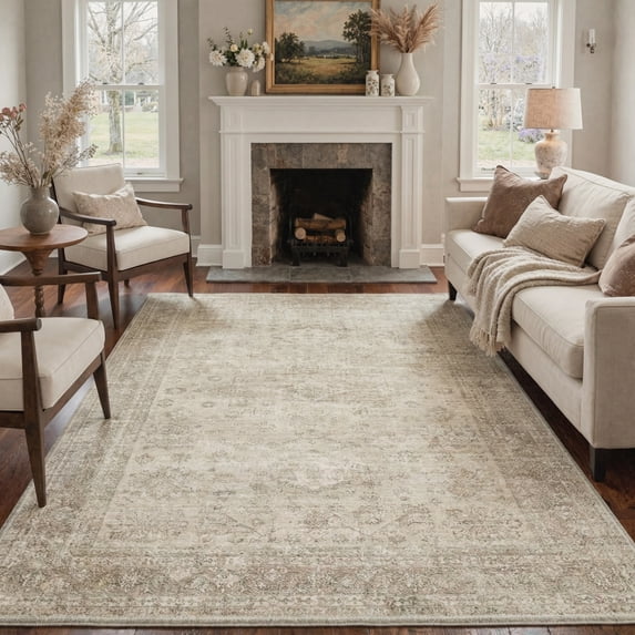 KUETH 9X12 Vintage Area Rugs Machine Washable Rugs for Living Room, Non Slip Flat Pile Rug with Rubber Backing, Boho Rug for Entryway Bedroom Dining Room Home Office