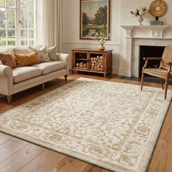 KUETH 9X12 Vintage Area Rugs Machine Washable Rugs for Living Room, Non Slip Flat Pile Rug with Rubber Backing, Boho Rug for Entryway Bedroom Dining Room Home Office