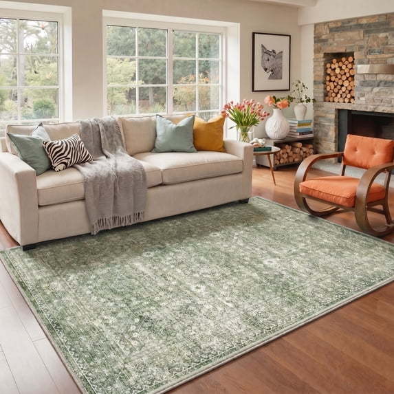 KUETH 9X12 Vintage Area Rugs Machine Washable Rugs for Living Room, Non Slip Flat Pile Rug with Rubber Backing, Persian Rug for Entryway Bedroom Dining Room Home Office