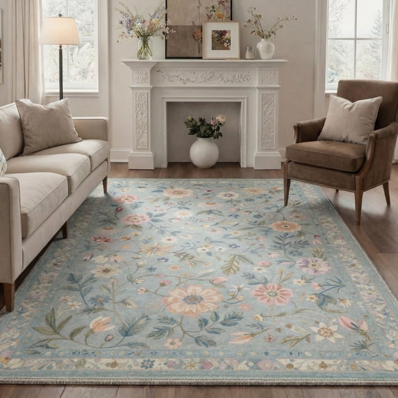KUETH 9X12 Vintage Floral Area Rugs Machine Washable Rugs for Living Room, Non Slip Flat Pile Rug with Rubber Backing, Boho Rug for Entryway Bedroom Dining Room Home Office