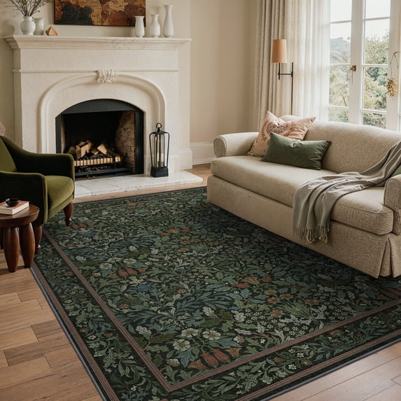 KUETH 9X12 Vintage Floral Area Rugs Machine Washable Rugs for Living Room, Non Slip Flat Pile Rug with Rubber Backing, Boho Rug for Entryway Bedroom Dining Room Home Office