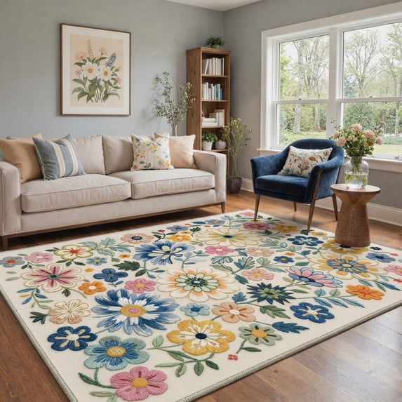 KUETH 9X12 Vintage Floral Area Rugs Machine Washable Rugs for Living Room, Non Slip Flat Pile Rug with Rubber Backing, Boho Rug for Entryway Bedroom Dining Room Home Office
