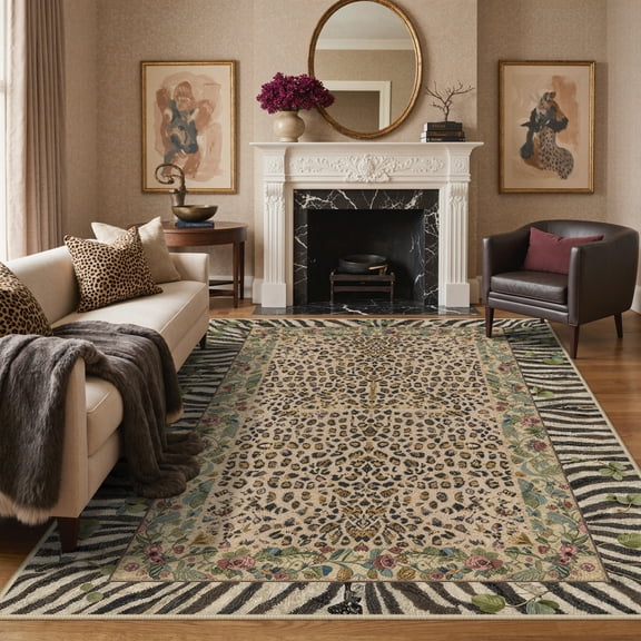KUETH 9x12 Area Rugs for Living Room Non Slip Low Pile Lightweight Print Pattern, Machine Washable Indoor Rug for Bedroom Home Decor, Leopard Floral, Dusty Camel