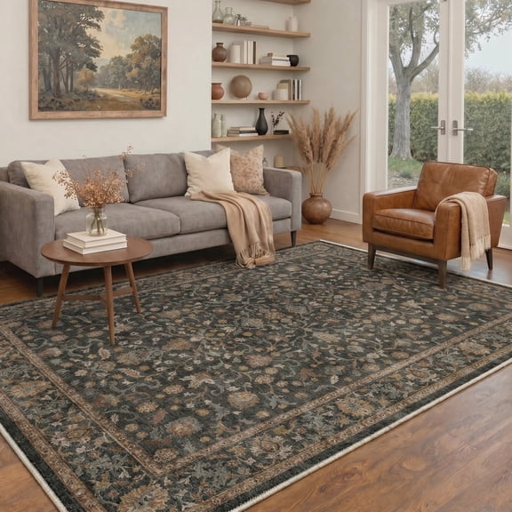 KUETH 9x12 Machine Washable Flat Pile Carpet Rug for Living Room with Rubber Backing, Vintage Persian Dark Gray Area Rug for Bedroom Dining Room and Home Office