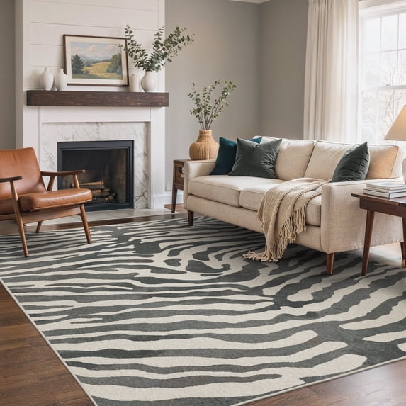 KUETH 9x12 Zebra Area Rugs Machine Washable Rugs for Living Room, Non Slip Flat Pile Rug with Rubber Backing, Modern Rug for Entryway Bedroom Dining Room Home Office
