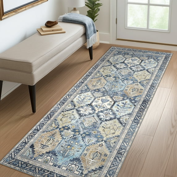 KUETH Area Rug 2'x5' Non Slip Hallway Runner Rug, Ultra-thin Machine Washable Vintage Low Pile Rugs for Living Room, Entryway, Bedroom, Kitchen and Corridor