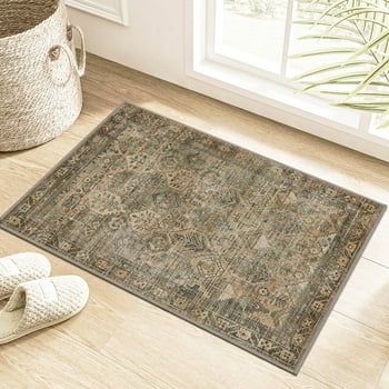 KUETH Area Rug 2x3 Machine Washable Vintage Distressed Print Small Ultra-Thin Chenille Entryway Bathroom Door Accent Rug, Low Pile Lightweight Non Slip with Gripper, Sage/Charcoal