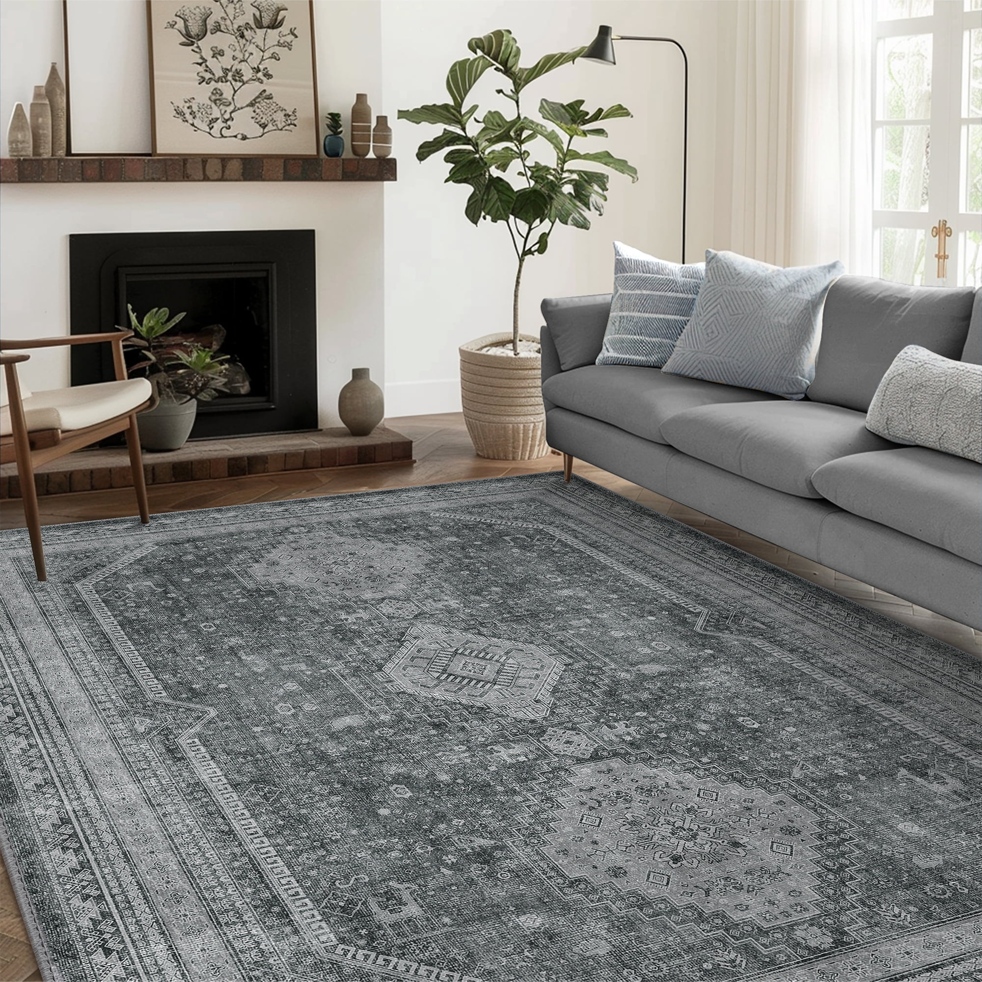 KUETH Washable Area Rug 3'x5', Non-Slip Rubber Backing, Low Pile Gray ...