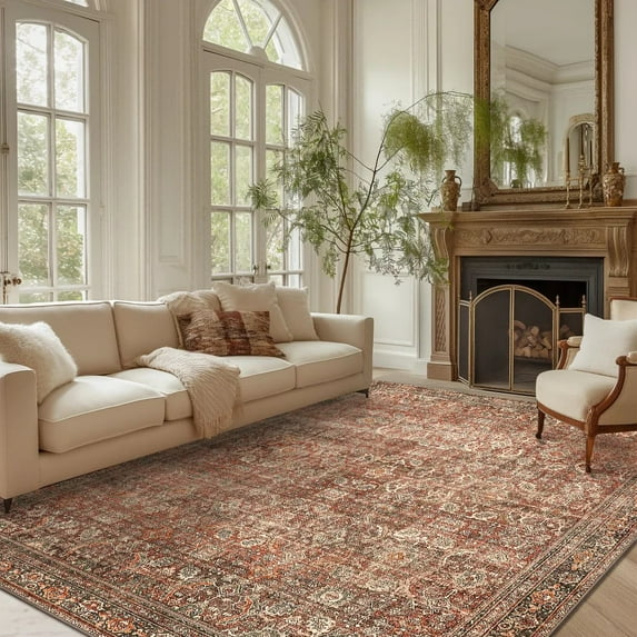 KUETH Area Rug 3x5 Machine Washable Vintage Distressed Print Thin Chenille Bedroom Living Room Accent Rug, Low Pile Lightweight Non Slip with Gripper