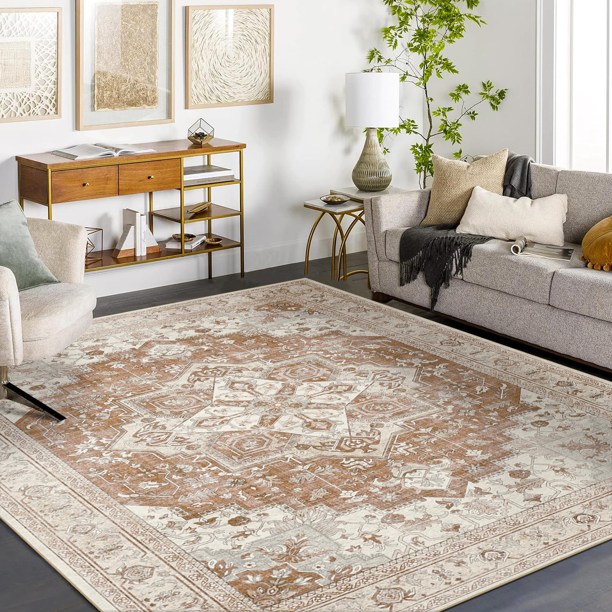 KUETH Area Rug 6x9 Machine Washable Vintage Distressed Print Brick