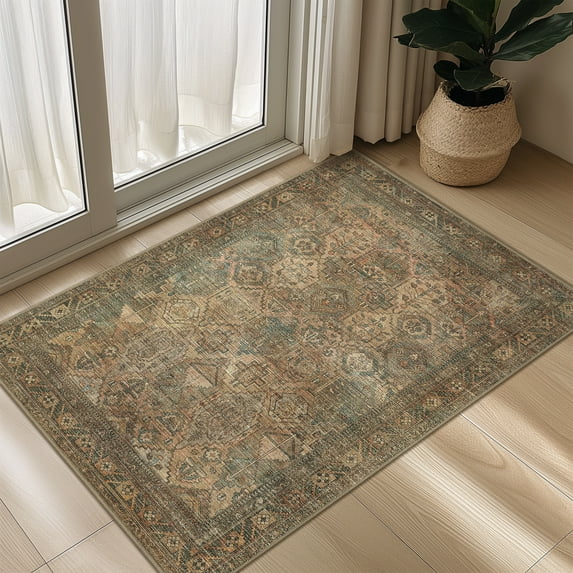 KUETH Area Rug Non Slip 2'x3' Doormat Low Pile Machine Washable Vintage Rugs, Small Chenille Entryway Mat for Entrance, Hallway, Kitchen and Bathroom