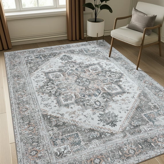 KUETH Area Rugs 6x9 Machine Washable Vintage Distressed Print Gray Floral Medallion Large Accent Bedroom Living Room Rug, Low Pile Ultra-Thin Lightweight Non Slip with Gripper