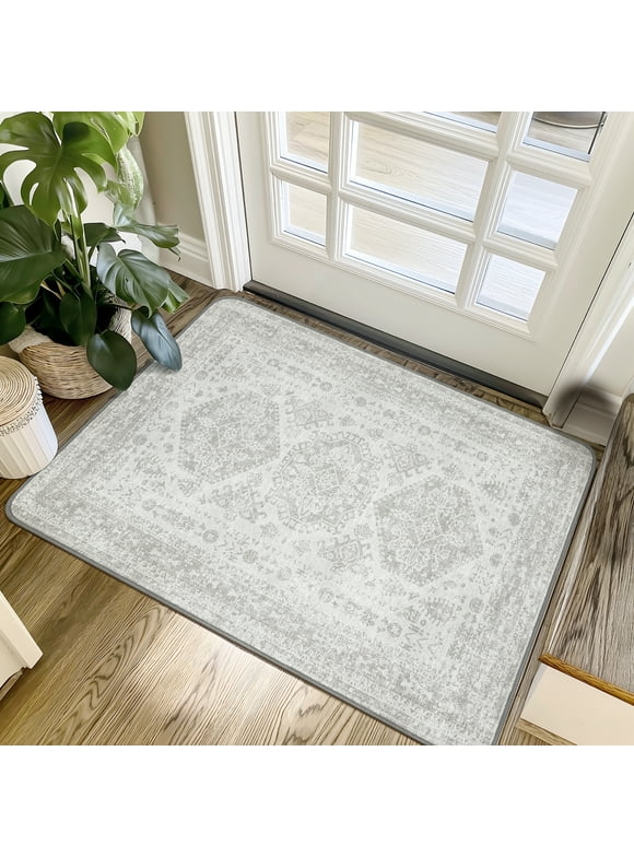 KUETH Area Rugs Entryway Rug 2x3 Machine Washable Rugs Distressed Medallion Vintage Grey Print Throw Rug for Bedroom Bathroom Kitchen Aesthetic, Non Slip Carpet with Gripper
