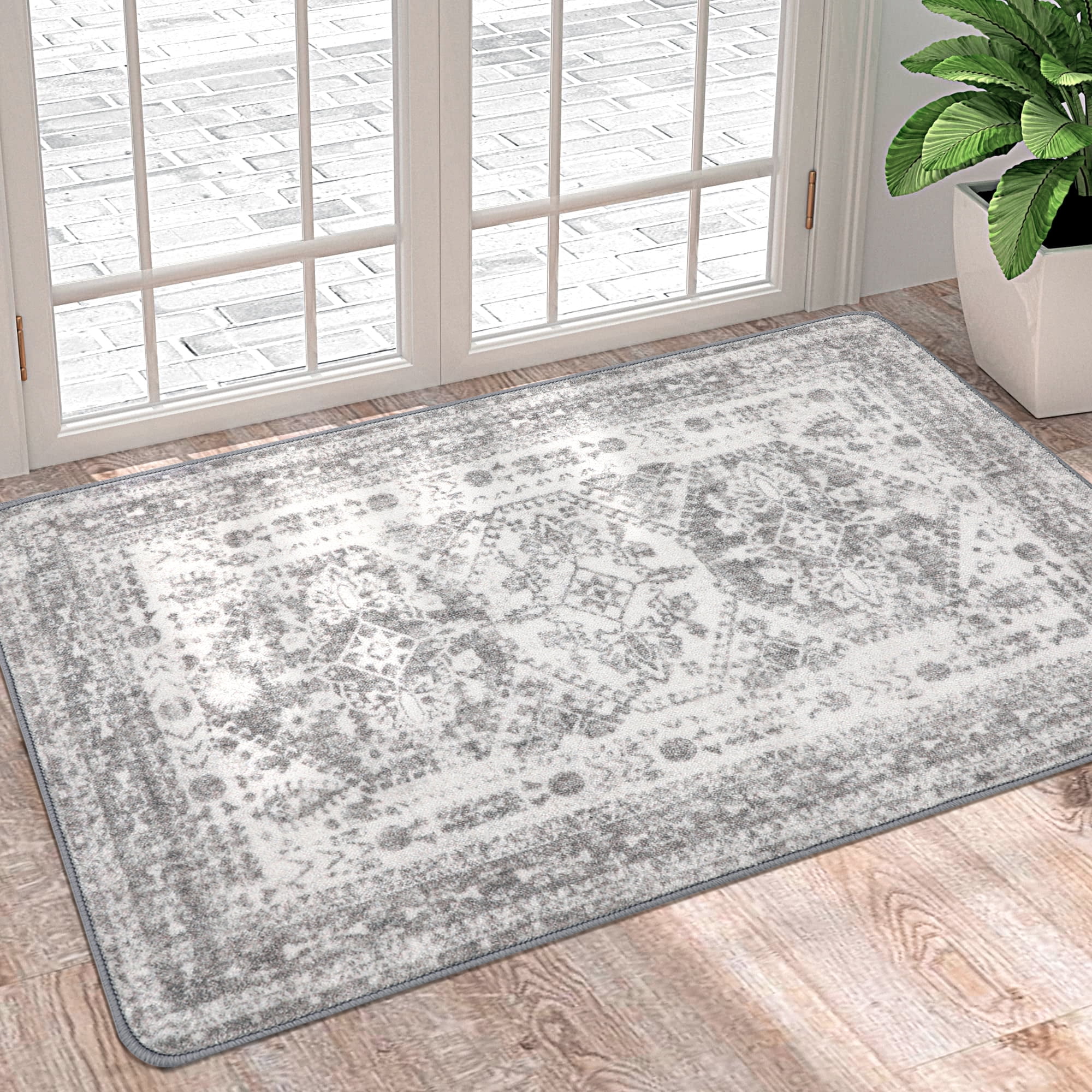 KUETH Area Rugs Entryway Rug 2x3 Machine Washable Rugs Distressed Medallion Vintage Grey Print