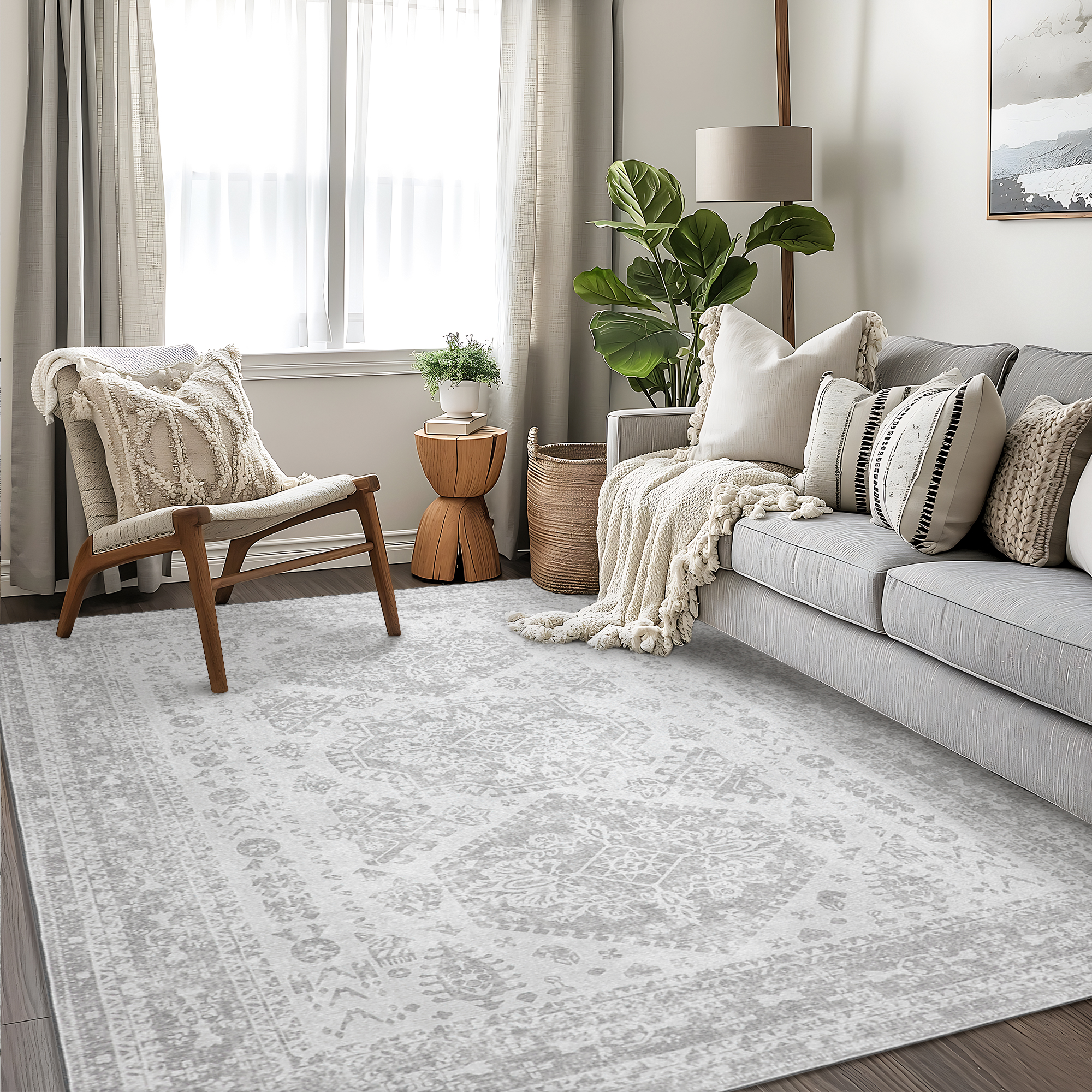 KUETH Area Rugs for Living Room 3x5 Machine Washable Bedroom Rugs Distressed Vintage Print Gray Large Throw Rug Dining Room Aesthetic, Non Slip Carpet with Gripper - image 1 of 7