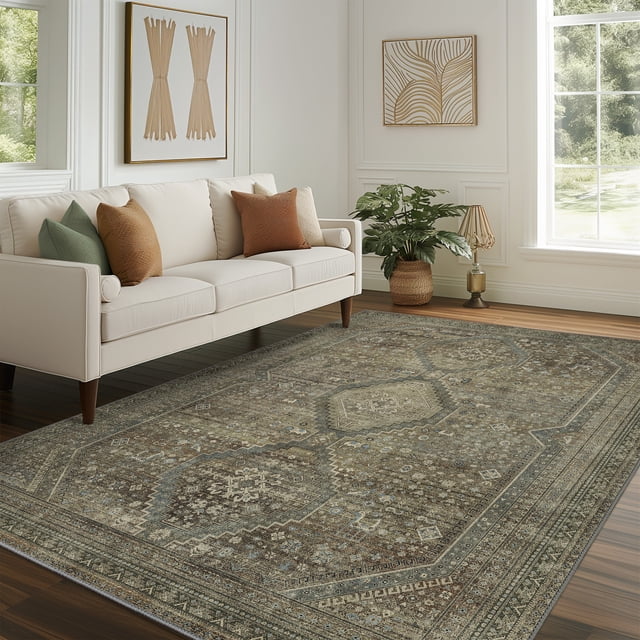 KUETH Area Rugs for Living Room 3x5 Machine Washable Bedroom Rugs Distressed Vintage Print Gray Large Throw Rug Dining Room Aesthetic, Non Slip Carpet with Gripper