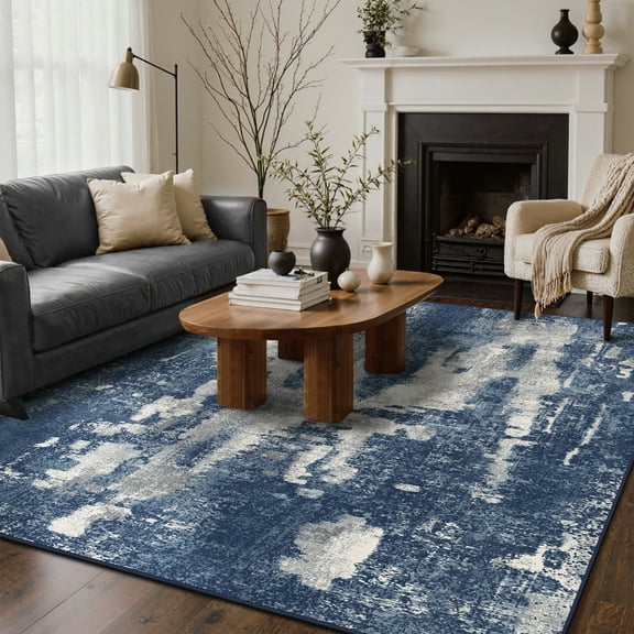 KUETH Area Rugs for Living Room 5x7 Large Modern Machine Washable Vintage Rugs Distressed Abstract Print Blue Throw Rug for Bedroom Aesthetic, Non Slip Carpet with Gripper