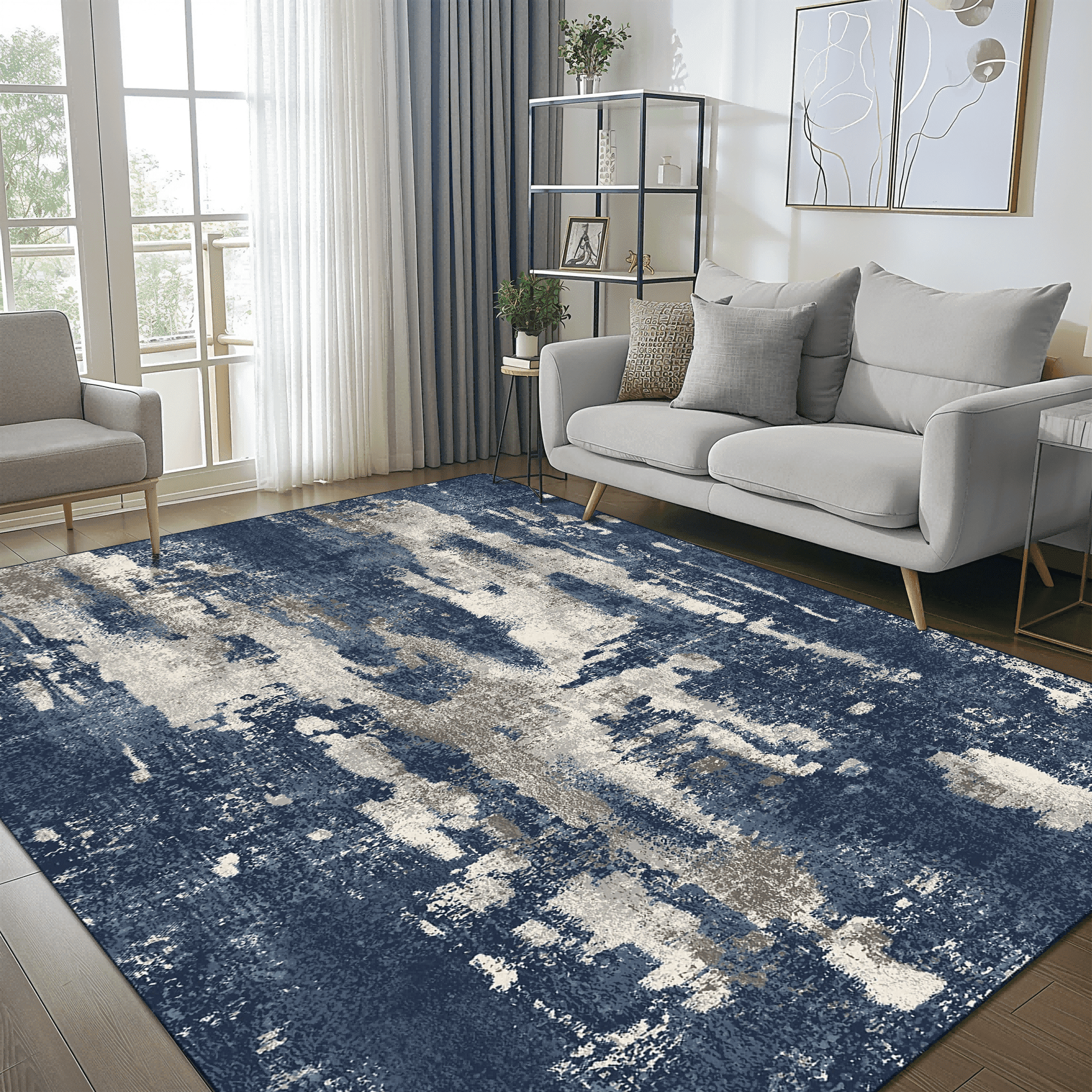 KUETH 8x10 Area Rugs for Living Room, Blue Abstract Print, Machine