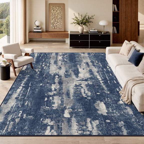 KUETH Area Rugs for Living Room 8x10 Large Modern Machine Washable Vintage Rugs Distressed Abstract Print Blue Throw Rug for Bedroom Aesthetic, Non Slip Carpet with Gripper