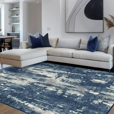 KUETH Area Rugs for Living Room 8x10 Large Modern Machine Washable Vintage Rugs Distressed Abstract Print Blue Throw Rug for Bedroom Aesthetic, Non Slip Carpet with Gripper
