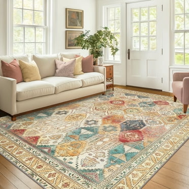 KUETH Area Rugs for Living Room, Large Washable Rug with Non Slip, Ultra Thin Rug for Bedroom,Kitchen,Dorm,Playroom, Clear Vintage Print Area Rugs