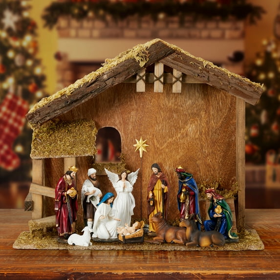 KUETH Christmas Decorations Manger Scenes for Inside 7 Inch Scale Holy Family Wooden Nativity Stable Desk Decoration Collectable