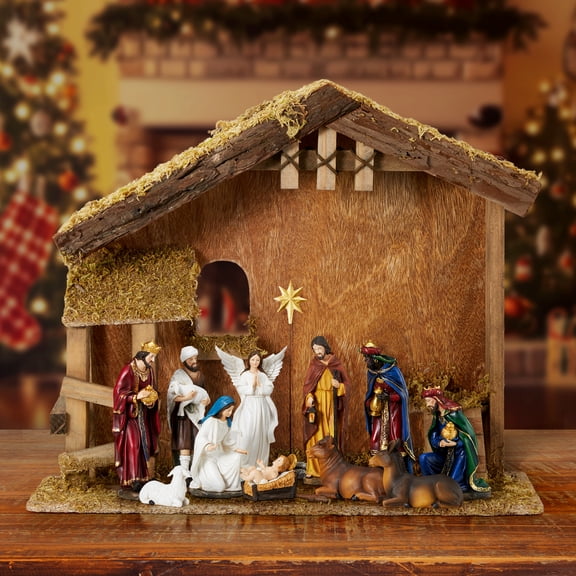 KUETH Christmas Decorations Manger Scenes for Inside 7 Inch Scale Holy Family Wooden Nativity Stable Desk Decoration Collectable