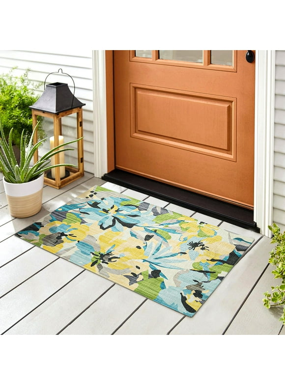 KUETH Door Mat Outdoor, Non-slip and Absorbent Entrance Mat, Machine Washable Welcome Mats for Front Door, Patio, Porch, Entryway, 20"x32", Green, Yellow