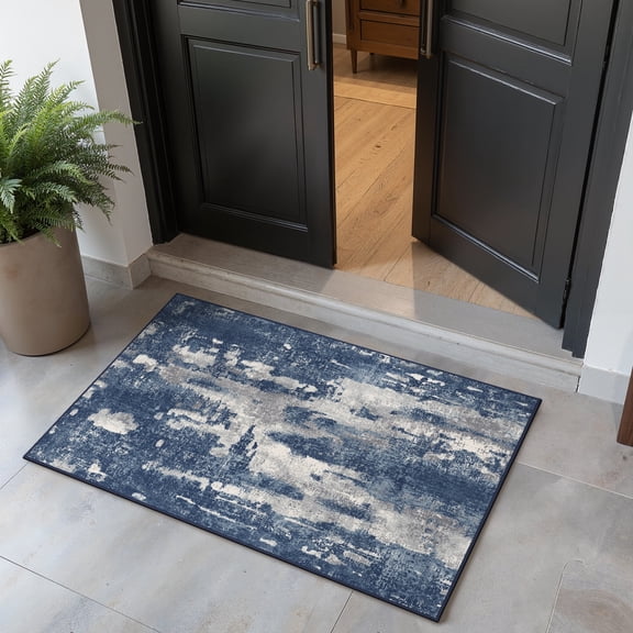 KUETH Doormat 2x3 Machine Washable Entryway Rugs Distressed Medallion Vintage Blue Throw Rug for Bedroom Living Room Aesthetic, Non Slip Carpet with Gripper