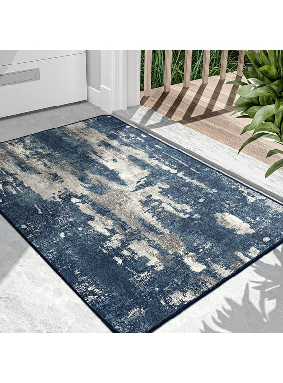 KUETH Doormat 2x3 Machine Washable Entryway Rugs Distressed Medallion Vintage Blue Throw Rug for Bedroom Living Room Aesthetic, Non Slip Carpet with Gripper