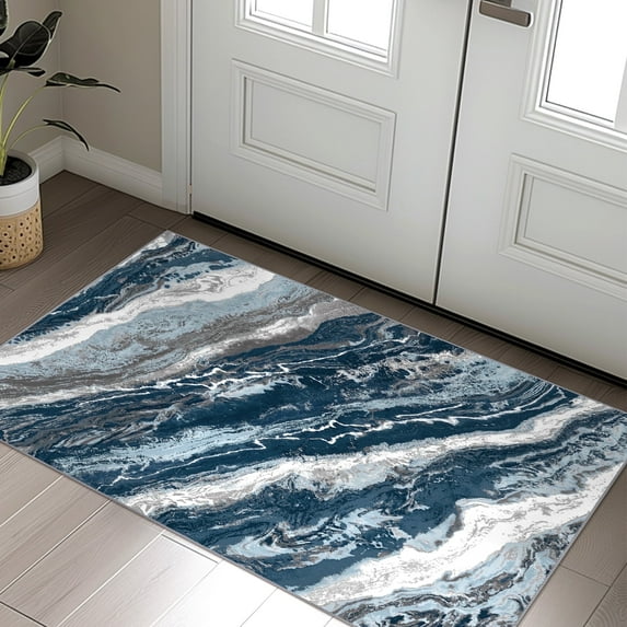 KUETH Doormat 2x3 Machine Washable Entryway Rugs Distressed Medallion Vintage Print Blue Throw Rug for Bedroom Living Room Aesthetic, Non Slip Carpet with Gripper