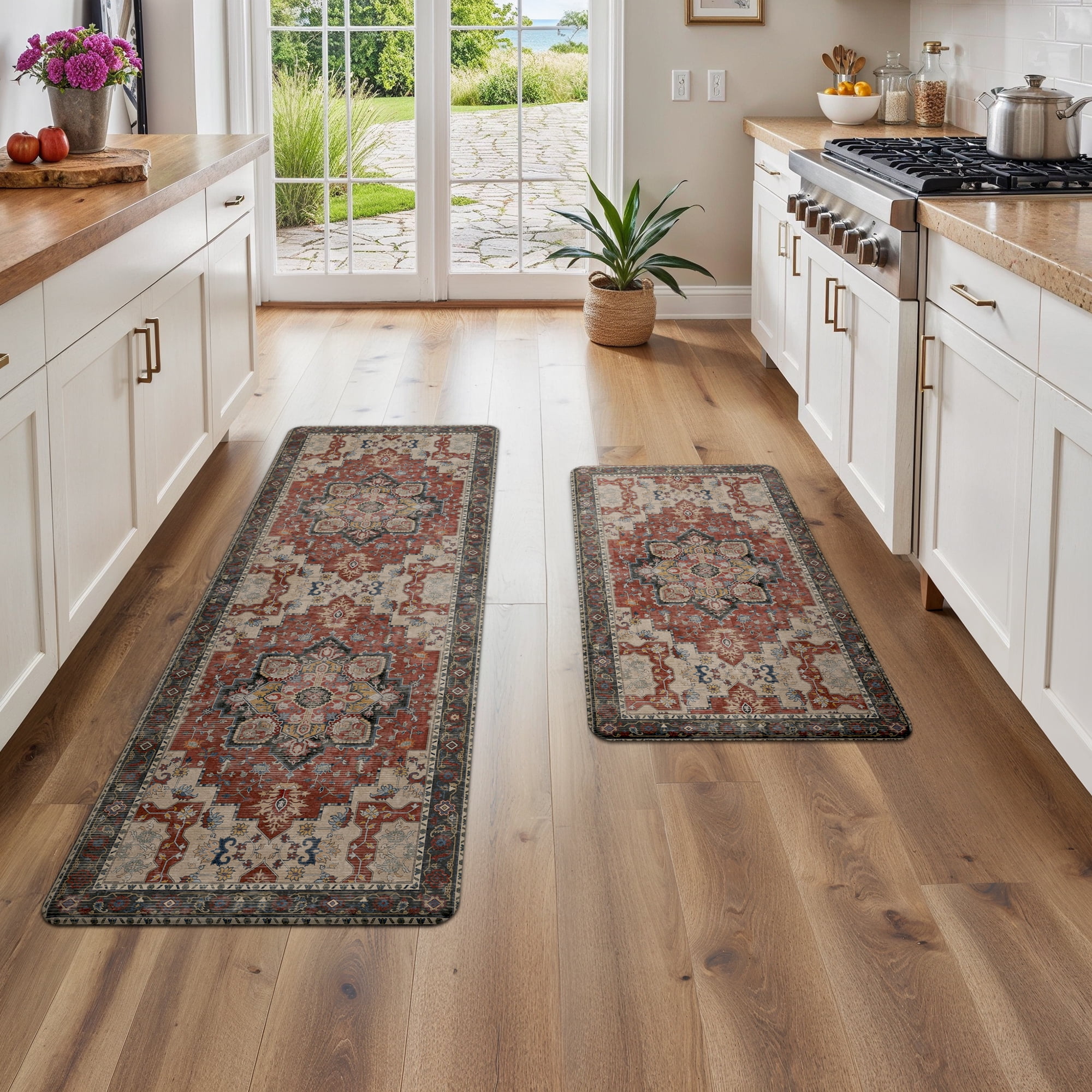 KUETH Kitchen Mats for Floor, Kitchen Rug with Anti Fatigue, Non Slip Washable Kitchen Rug, Set of 2 Kitchen Mat 17"x47"+17"x30", Runner Rug with Waterproof for Bathroon and Bedroom